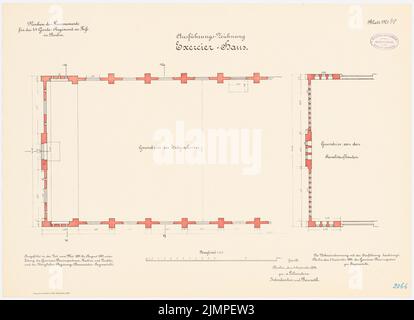 Schönhals, caserme del 4th guardaroba a piedi, Berlin-Moabit (1891-1893): Exercierhaus: Pianta piano terra 1: 100. Litografia colorata sul cartone, 47,9 x 66 cm (compresi i bordi di scansione) Schönhals : Kaserne des 4. Garderegiments zu Fuß, Berlin-Moabit Foto Stock