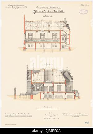 Schönhals, caserme del 4th guardaroba a piedi, Berlin-Moabit (1891-1893): Alimentazione ufficiale: Sezioni trasversali 1: 100. Litografia colorata sulla scatola, 66,5 x 48,2 cm (compresi i bordi di scansione) Schönhals : Kaserne des 4. Garderegiments zu Fuß, Berlin-Moabit Foto Stock