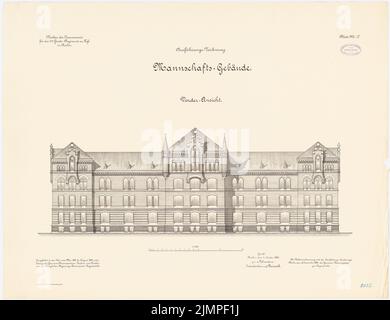 Schönhals, caserme del 4th guardaroba a piedi, Berlin-Moabit (1891-1893): Caserme squadra 1: Vista frontale 1: 100. Litografia colorata sul cartone, 66,8 x 86,8 cm (compresi i bordi di scansione) Schönhals : Kaserne des 4. Garderegiments zu Fuß, Berlin-Moabit Foto Stock