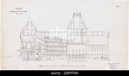 Seeling Heinrich (1852-1932), teatro comunale di Rostock (1893): Sezione longitudinale. Inchiostro su lino, 51,2 x 93,9 cm (compresi i bordi di scansione) Seeling Heinrich (1852-1932): Stadttheater, Rostock Foto Stock