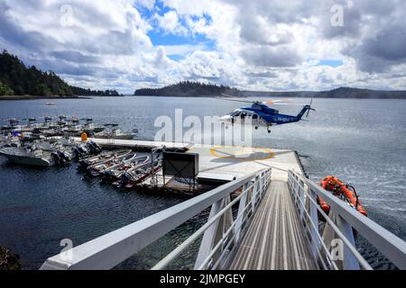 Langara Island, British Columbia, Canada - 3 giugno 2022: Elicottero Helijet che atterra sul molo e sull'eliporto di Langara Island Fishing Lodge a Haida G. Foto Stock