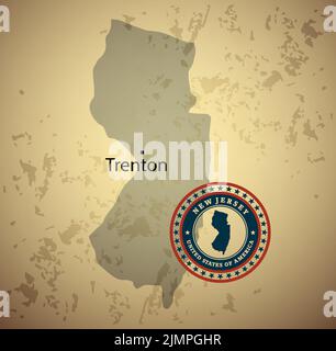 Mappa del New Jersey con sfondo vettoriale vintage timbro Foto Stock