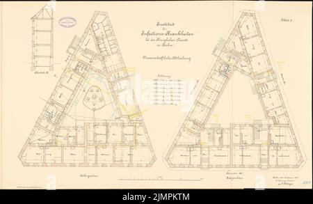 Böttger Paul (1851-1933), Istituto per le malattie infettive della Charité, Berlino (1891-1892): Dipartimento scientifico: Piano interrato, piano terra, sezione trasversale 1: 100. Litografia colorata sul cartone, 48,4 x 79,6 cm (compresi i bordi di scansione) Böttger Paul (1851-1933): Institut für Infektionskrankheiten der Charité, Berlino Foto Stock