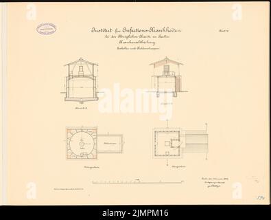 Böttger Paul (1851-1933), Istituto per le malattie infettive della Charité, Berlino (1891-1892): Cantina di ghiaccio e capannone di carbone: Piano interrato, piano superiore, sezioni trasversali 1: 100. Litografia colorata sul cartone, 48,5 x 63,9 cm (compresi i bordi di scansione) Böttger Paul (1851-1933): Institut für Infektionskrankheiten der Charité, Berlino Foto Stock