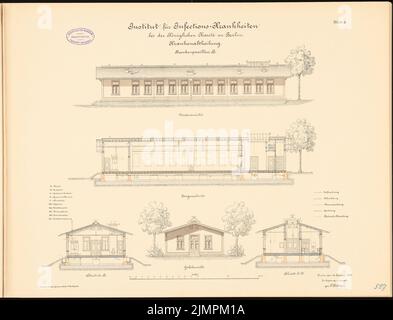 Böttger Paul (1851-1933), Istituto per le malattie infettive della Charité, Berlino (1891-1892): Padiglione dell'ospedale B: Sezioni trasversali, sezione longitudinale, vista frontale, vista a timpano 1: 100. Litografia colorata sul cartone, 48,8 x 63,8 cm (compresi i bordi di scansione) Böttger Paul (1851-1933): Institut für Infektionskrankheiten der Charité, Berlino Foto Stock