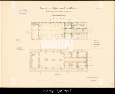 Böttger Paul (1851-1933), Istituto per le malattie infettive della Charité, Berlino (1891-1892): Padiglione dell'ospedale C: Grundriss seminterrato, piano terra 1: 100. Litografia colorata sul cartone, 48,5 x 63,7 cm (compresi i bordi di scansione) Böttger Paul (1851-1933): Institut für Infektionskrankheiten der Charité, Berlino Foto Stock