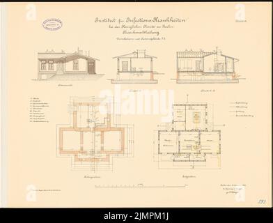 Böttger Paul (1851-1933), Istituto per le malattie infettive di Charité, Berlino (1891-1892): Disinfezione e costruzione di sezioni: Piano interrato, piano terra, sezione trasversale, sezione longitudinale, vista laterale 1: 100. Litografia colorata sulla scatola, 48,6 x 63,6 cm (compresi i bordi di scansione) Böttger Paul (1851-1933): Institut für Infektionskrankheiten der Charité, Berlino Foto Stock