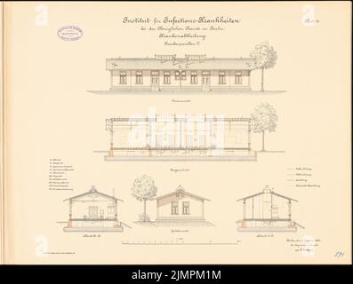 Böttger Paul (1851-1933), Istituto per le malattie infettive della Charité, Berlino (1891-1892): Padiglione dell'ospedale D: Sezioni trasversali, sezione longitudinale, vista frontale, vista a timpano 1: 100. Litografia colorata sul cartone, 48,4 x 64 cm (compresi i bordi di scansione) Böttger Paul (1851-1933): Institut für Infektionskrankheiten der Charité, Berlino Foto Stock