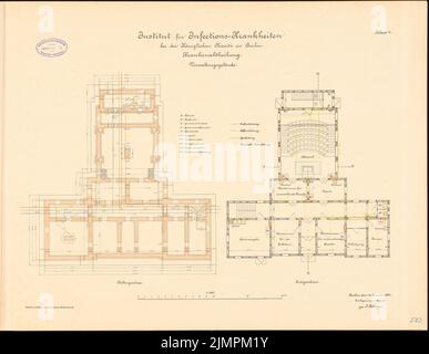 Böttger Paul (1851-1933), Istituto per le malattie infettive della Charité, Berlino (1891-1892): Dipartimento ospedaliero, edificio amministrativo: Piano interrato, piano terra 1: 100. Litografia colorata sul cartone, 48,2 x 62,3 cm (compresi i bordi di scansione) Böttger Paul (1851-1933): Institut für Infektionskrankheiten der Charité, Berlino Foto Stock