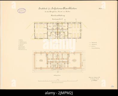 Böttger Paul (1851-1933), Istituto per le malattie infettive della Charité, Berlino (1891-1892): Padiglione D ospedale: Grundriss Keller piano, piano terra 1: 100. Litografia colorata sul cartone, 48,5 x 63,8 cm (compresi i bordi di scansione) Böttger Paul (1851-1933): Institut für Infektionskrankheiten der Charité, Berlino Foto Stock