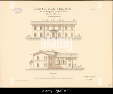 Böttger Paul (1851-1933), Istituto per le malattie infettive della Charité, Berlino (1891-1892): Dipartimento ospedaliero, edificio amministrativo: Vista frontale, vista laterale 1: 100. Litografia colorata sulla scatola, 48,5 x 62,5 cm (compresi i bordi di scansione) Böttger Paul (1851-1933): Institut für Infektionskrankheiten der Charité, Berlino Foto Stock