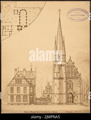 Güldenpfennig Arnold (1830-1908), chiesa cattolica e canonica, Rostock (1883): Vista frontale, pianta del sito con pianta. Foto su cartone, 23,4 x 18,7 cm (compresi i bordi di scansione) Güldenpfennig Arnold (1830-1908): Katholische Kirche und Pfarrhaus, Rostock Foto Stock