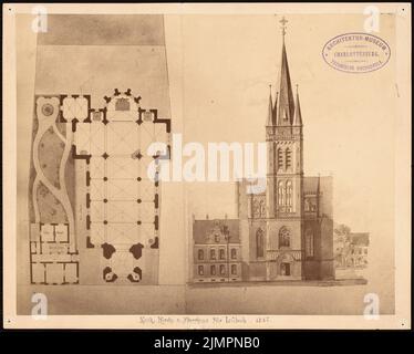 Güldenpfennig Arnold (1830-1908), chiesa cattolica e canonica di Lübeck (1885): Vista frontale, pianta e situazione. Foto su carta, 22 x 27,4 cm (compresi i bordi di scansione) Güldenpfennig Arnold (1830-1908): Katholische Kirche und Pfarrhaus, Lübeck Foto Stock