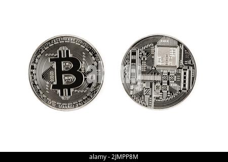 Bitcoin argento su sfondo bianco Foto Stock