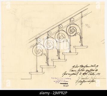 Lehmmübner Paul (1855-1916), salute e Siechenhaus a Brüssow. Progetto di esecuzione valido (1899-1899): Ringhiera della scala principale (variante). Matita su trasparente, 24 x 28,6 cm (compresi i bordi di scansione) Lehmgrübner Paul (1855-1916): Kranken- und Siechenhaus, Brüssow. Gültiger Ausführungsentwurf Foto Stock