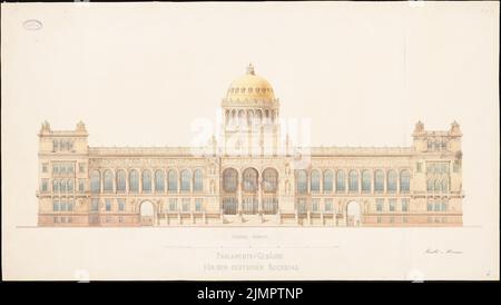 Strack & Herrmann, Reichstag, Berlino. Prima competizione (1872): Volgendo la facciata al Königsplatz. Matita e inchiostro acquerello sulla scatola, 67 x 118,8 cm (compresi i bordi di scansione) Strack & Herrmann : Reichstag, Berlino. Erster Wettbewerb Foto Stock