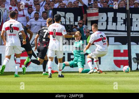 Stoccarda, Germania. 07th ago 2022. Christopher NKUNKU, RB Leipzig 18 punteggi, tira goal, Tor, Treffer, Torschuss, 0-1 nella partita VFB STUTTGART - RB LEIPZIG 1.German Football League il 7 agosto 2022 a Stuttgart, Germania. Stagione 2022/2023, giorno di chiusura 1, 1.Bundesliga, 1.Spieltag Credit: Peter Schatz/Alamy Live News Foto Stock