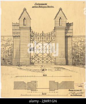 Lehmmübner Paul (1855-1916), Menkin Rittergut. Conversione della stabile (1899): Cancello d'ingresso con griglia, vista e pianta 1:10, 1:20. Inchiostro su trasparente, 54,1 x 47,2 cm (inclusi i bordi di scansione) Lehmgrübner Paul (1855-1916): Rittergut Menkin. Umbau des Stallgebäudes Foto Stock