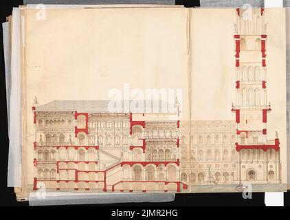 Hude Hermann von der (1830-1908), municipio di Berlino (municipio rosso). Schinkel Competition 1857 (1857): Sezione longitudinale. Acquerello Tusche sulla scatola, 67,8 x 95,4 cm (compresi i bordi di scansione) Hude Hermann von der (1830-1908): Berliner Rathaus (Rotes Rathaus). Schinkelwettbewerb 1857 Foto Stock