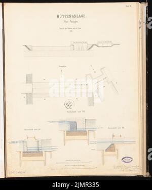 Lent Alfred (1836-1915), impianto di altoforno con ferrovia di collegamento. Schinkel Competition 1863 (1863): Wehrwehr: Pianta, vista e tagli; 2 strisce in scala. Acquerello Tusche sulla scatola, 63,8 x 53,7 cm (compresi i bordi di scansione) Quaresima Alfred (1836-1915): Hochofenanlage mit Verbindungsbahn. Schinkelwettbewerb 1863 Foto Stock