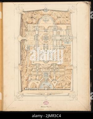 Wiethase Heinrich (1833-1893), Castello principesco sul Brauhausberg a Potsdam. Schinkel Competition 1862 (1862): Pianta del sito; Scala bar. Acquerello Tusche sulla scatola, 83,3 x 69 cm (compresi i bordi di scansione) Wiethase Heinrich (1833-1893): Fürstliches Schloss auf dem Brauhausberg, Potsdam. Schinkelwettbewerb 1862 Foto Stock