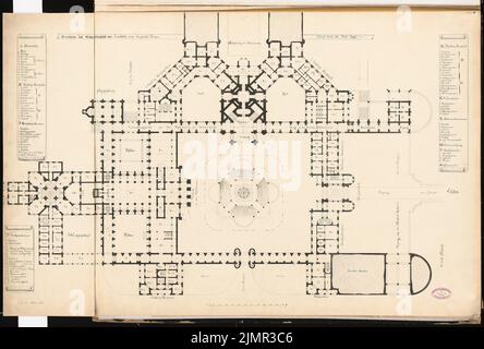 Wiethase Heinrich (1833-1893), Castello principesco sul Brauhausberg a Potsdam. Schinkel Competition 1862 (1862): Pianta del piano terra; Scala bar. Inchiostro su cartone, 68 x 100,8 cm (compresi i bordi di scansione) Wiethase Heinrich (1833-1893): Fürstliches Schloss auf dem Brauhausberg, Potsdam. Schinkelwettbewerb 1862 Foto Stock