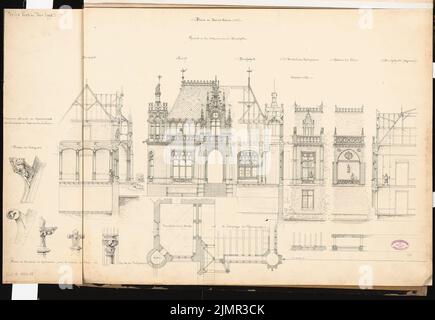 Wiethase Heinrich (1833-1893), Castello principesco sul Brauhausberg a Potsdam. Schinkel Competition 1862 (1862): Spezzoni planimati; risistemare diverse parti della facciata; tagli; Dettagli. Inchiostro su cartone, 68,8 x 99,9 cm (compresi i bordi di scansione) Wiethase Heinrich (1833-1893): Fürstliches Schloss auf dem Brauhausberg, Potsdam. Schinkelwettbewerb 1862 Foto Stock