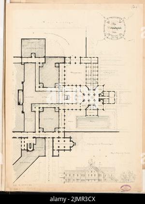 Wiethase Heinrich (1833-1893), Castello principesco sul Brauhausberg a Potsdam. Schinkel Competition 1862 (1862): Edificio: Piano terra, vista nord, tore; Scale bar. Inchiostro su cartone, 72,8 x 54,5 cm (compresi i bordi di scansione) Wiethase Heinrich (1833-1893): Fürstliches Schloss auf dem Brauhausberg, Potsdam. Schinkelwettbewerb 1862 Foto Stock