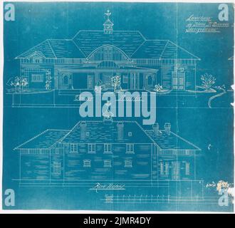 Dorn Ernst Paul, ufficio di campagna Lindenhof a Warnsdorf vicino a Travemünde (1909-1910): Vista frontale, vista posteriore 1:75, scala bar. Progetto su carta, 49,2 x 54,2 cm (compresi i bordi di scansione) Dorn Ernst Paul : Landsitz Lindenhof, Warnsdorf Foto Stock