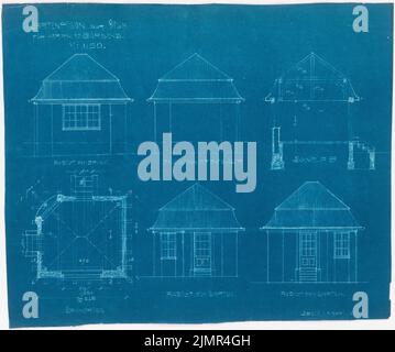 Sconosciuto architetto, Giardino di Jürgens in Lübeck (04,1908): Padiglione giardino in 4 viste, piano 1 e 1 taglio, con dimensione 1:50, scala bar. Blueprint su carta, 38,4 x 45,9 cm (compresi i bordi di scansione) N. : Garten Jürgens, Lübeck Foto Stock