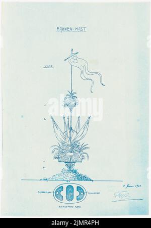 Trip Julius (1857-1907), decorazioni di strada a Hannover (9 giugno 1903): Vista di uno dei due alberi di bandiera su Aegidienthor-Platz 1:50, disegno piano da Aegidienthor-Platz. Progetto su cartone, 46,4 x 32,3 cm (compresi i bordi di scansione) Trip Julius (1857-1907): Straßendekorationen, Hannover Foto Stock