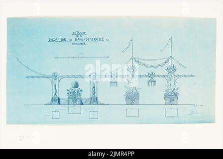 Trip Julius (1857-1907), decorazioni stradali di Hannover (9 giugno 1903): Vista parziale e pianta parziale per la decorazione di Bahnhofstrasse 1:50, scala bar. Blu sulla scatola, 60,9 x 90,8 cm (compresi i bordi di scansione) Trip Julius (1857-1907): Straßendekorationen, Hannover Foto Stock