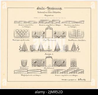 Barth Erwin (1880-1933), frutteto (ca 1901): 12 viste parziali del frutteto con varie forme di traliccio 1:60, barra di scala. Inchiostro su cartone, 41,6 x 46 cm (compresi i bordi di scansione) Barth Erwin (1880-1933): Obstgarten Foto Stock