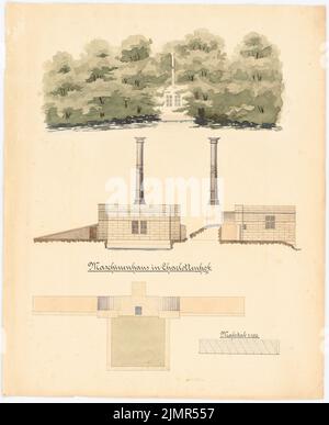 Barth Erwin (1880-1933), misura di campo e disegno esercizio al sistema laghetto di Charlottenhof a Potsdam (1900): 1 visualizzazione di schizzo con ambiente, 1 vista frontale, una vista laterale, 1 piano, 1: 100, barra di scala. Acquerello Tusche sulla scatola, 51 x 41,6 cm (compresi i bordi di scansione) Barth Erwin (1880-1933): Feldmess- und Zeichenübung an der Teichanlage a Charlottenhof, Potsdam Foto Stock