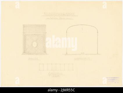 Barth Erwin (1880-1933), campo di misura e disegno esercizio nel portico al Castello di Sanssouci, Potsdam (ca 1901): 1 vista frontale, 1 vista laterale 1:50 e 1 piano 1:250 di un porticato in ferro. Matita su trasparente, 25,9 x 36,4 cm (compresi i bordi di scansione) Barth Erwin (1880-1933): Feldmess- und Zeichenübung im Laubengang am Schloss Sanssouci, Potsdam Foto Stock