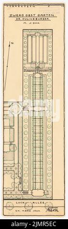 Barth Erwin (1880-1933), Hausgarten Dr. Juliusburger a Berlino-Charlottenburg (03,1924): Obstaubengang (frutteto nano) nel piano 1: 200, scala bar. Inchiostro, matita, inchiostro colorato su trasparente, 36,1 x 11,3 cm (compresi i bordi di scansione) Barth Erwin (1880-1933): Hausgarten Dr. Juliusburger, Berlino-Charlottenburg Foto Stock