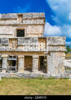 Antiche rovine di Tulum sito maya con le rovine del tempio piramidi e manufatti nella giungla naturale tropicale foresta palma e vista panoramica sul mare a Tulum Foto Stock