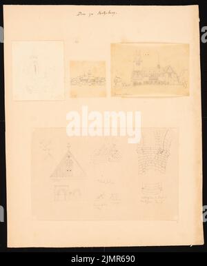 Quast Ferdinand von (1807-1877), cattedrale di Ratzeburg (senza dat.): Quattro foglie su cartone, in parte probabilmente attraverso disegni: Vista prospettica in schizzo fugace, vista generale dal lago, PE. Matita su carta, matita su trasparente, 36,3 x 29,8 cm (compresi i bordi di scansione) Quast Ferdinand von (1807-1877): Dom, Ratzeburg Foto Stock
