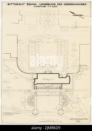 Barth Erwin (1880-1933), Rittergut Zei vicino a Güstrow (08,1930): Cambiato design per l'immediata vicinanza della casa padronale, piano 1: 200, scala bar, leggenda. Inchiostro e matita su trasparente, 84,6 x 62,3 cm (compresi i bordi di scansione) Barth Erwin (1880-1933): Rittergut Zehna bei Güstrow Foto Stock