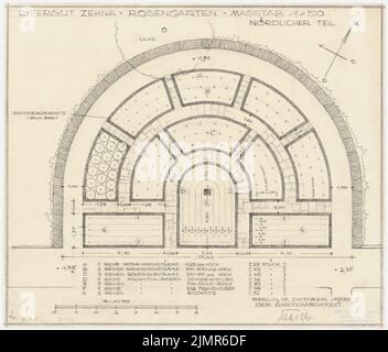 Barth Erwin (1880-1933), Rittergut Zei vicino a Güstrow (10,1930): Rosengarten (parte settentrionale) nella pianta con dimensioni e marciapiedi 1: 200, barra di scala, legenda con descrizioni di varietà e quantità. Matita su trasparente, 33 x 38,7 cm (compresi i bordi di scansione) Barth Erwin (1880-1933): Rittergut Zehna bei Güstrow Foto Stock