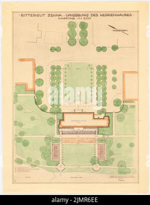 Barth Erwin (1880-1933), Rittergut Zei vicino a Güstrow (08,1930): Disegno per l'immediata vicinanza della casa padronale, pianta 1: 200, leggenda. Acquerello a matita su una pausa sulla scatola, 93,8 x 72,1 cm (compresi i bordi di scansione) Barth Erwin (1880-1933): Rittergut Zehna bei Güstrow Foto Stock