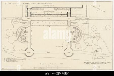 Barth Erwin (1880-1933), Rittergut Zei vicino a Güstrow (09,1930): Disegno per il giardino fiorito sul lato mare della casa padronale, pianta 1: 200, scala bar, leggenda. Matita su trasparente, 30,6 x 49,3 cm (compresi i bordi di scansione) Barth Erwin (1880-1933): Rittergut Zehna bei Güstrow Foto Stock