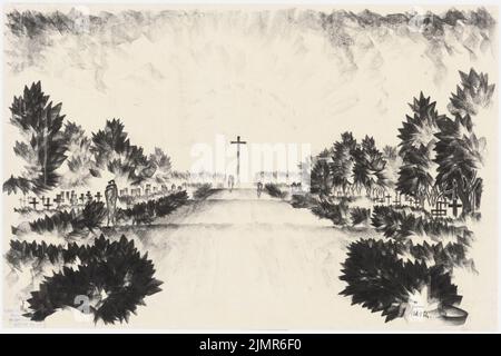 Barth Erwin (1880-1933), ampliamento dei cimiteri di Stolp (1932): Vista prospettica con un sentiero ondulato fiancheggiato da tombe e arbusti sulla croce alta. Carbone e matita su trasparente, 36,1 x 54,2 cm (compresi i bordi di scansione) Barth Erwin (1880-1933): Erweiterung der Friedhöfe, Stolp Foto Stock