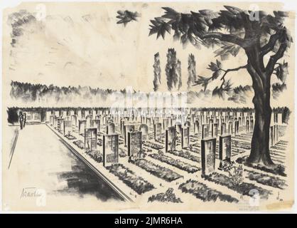 Barth Erwin (1880-1933), ampliamento dei cimiteri di Stolp (1930): Vista prospettica con vista di un terreno di sepoltura con accesso. Carbone e matita su trasparente, 33,3 x 46,4 cm (compresi i bordi di scansione) Barth Erwin (1880-1933): Erweiterung der Friedhöfe, Stolp Foto Stock