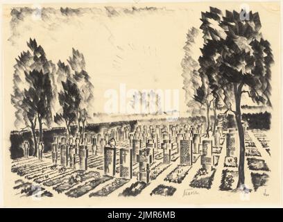 Barth Erwin (1880-1933), ampliamento dei cimiteri di Stolp (1930): Vista prospettica con vista di un campo sepolcrale con lapidi. Carbone e matita su trasparente, 33,6 x 45,7 cm (compresi i bordi di scansione) Barth Erwin (1880-1933): Erweiterung der Friedhöfe, Stolp Foto Stock