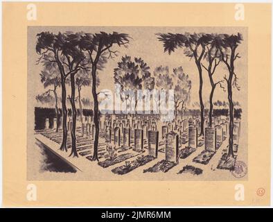 Barth Erwin (1880-1933), espansione dei cimiteri a Stolp (1930): Break break from Inv.-No 41175: Vista prospettica con vista di un campo di tomba a file; timbro in gomma. Leggera rottura sul cartone, 44 x 57,8 cm (compresi i bordi di scansione) Barth Erwin (1880-1933): Erweiterung der Friedhöfe, Stolp Foto Stock