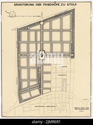 Barth Erwin (1880-1933), ampliamento dei cimiteri di Stolp (04,1930): Pianta del progetto di ampliamento con parti adiacenti del cimitero esistente 1:1000, scala bar. Inchiostro su trasparente, 76,8 x 60,3 cm (compresi i bordi di scansione) Barth Erwin (1880-1933): Erweiterung der Friedhöfe, Stolp Foto Stock