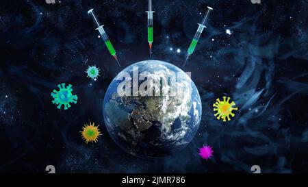 Siringa medica con un ago vaccinato il pianeta Terra. Rendering 3D. Elementi di questa immagine forniti dalla NASA. Foto Stock