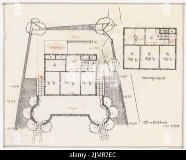 Barth Erwin (1880-1933), Parcel 17 nel »Luxus Bad Groß-Glienicke« a Berlino-Spandau (senza dat.): Giardino (parte orientale): Grundriss variante 4 con pianta del piano terra dell'edificio residenziale, pianta del piano superiore 1: 100 . Matita colorata e matita su trasparente, 32,5 x 40,4 cm (compresi i bordi di scansione) Barth Erwin (1880-1933): Parzelle 17 im »Luxusbad Groß-Glienicke«, Berlino-Spandau Foto Stock