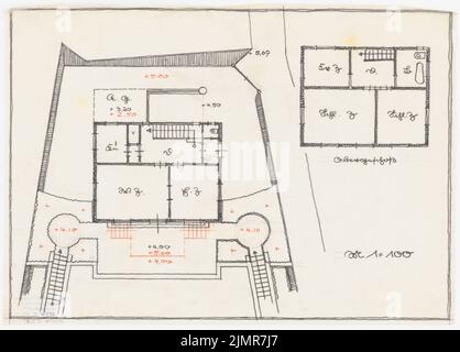 Barth Erwin (1880-1933), Parcel 17 nel »Luxury Bad Groß-Glienicke« a Berlino-Spandau (senza dat.): Giardino (parte orientale): Grundriss variante 5 con variante per la pianta del piano terra della casa, corrispondente variante per la pianta del piano superiore. Matita colorata e matita su trasparente, 29,7 x 41,4 cm (compresi i bordi di scansione) Barth Erwin (1880-1933): Parzelle 17 im »Luxusbad Groß-Glienicke«, Berlino-Spandau Foto Stock